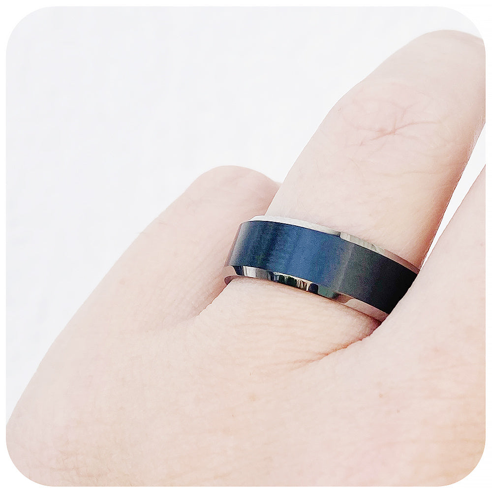 Black brushed tungsten mens wedding ring with shiny polished edges - Victoria's Jewellery