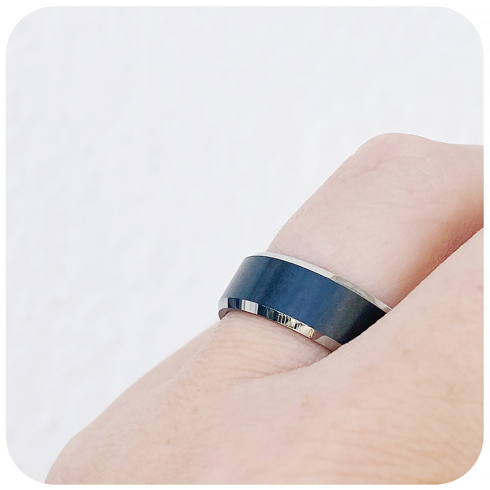 Black brushed tungsten mens wedding ring with shiny polished edges - Victoria's Jewellery
