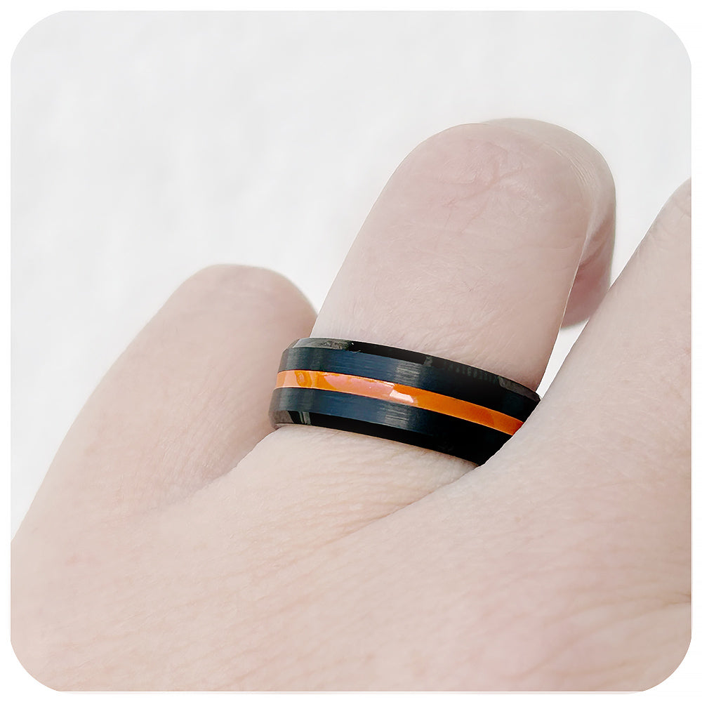mens tungsten engagement wedding ring with racing stripe inlay - Victoria's Jewellery
