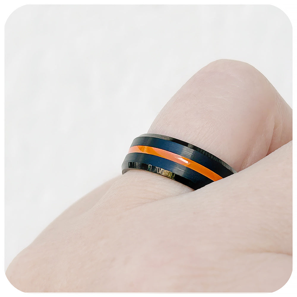 mens tungsten engagement wedding ring with racing stripe inlay - Victoria's Jewellery
