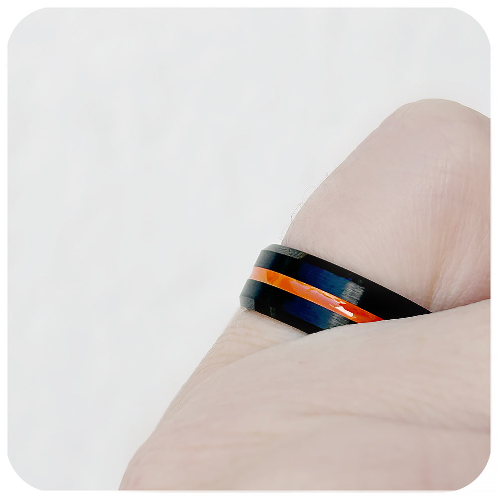mens tungsten engagement wedding ring with racing stripe inlay - Victoria's Jewellery