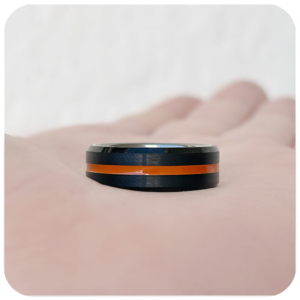 mens tungsten engagement wedding ring with racing stripe inlay - Victoria's Jewellery