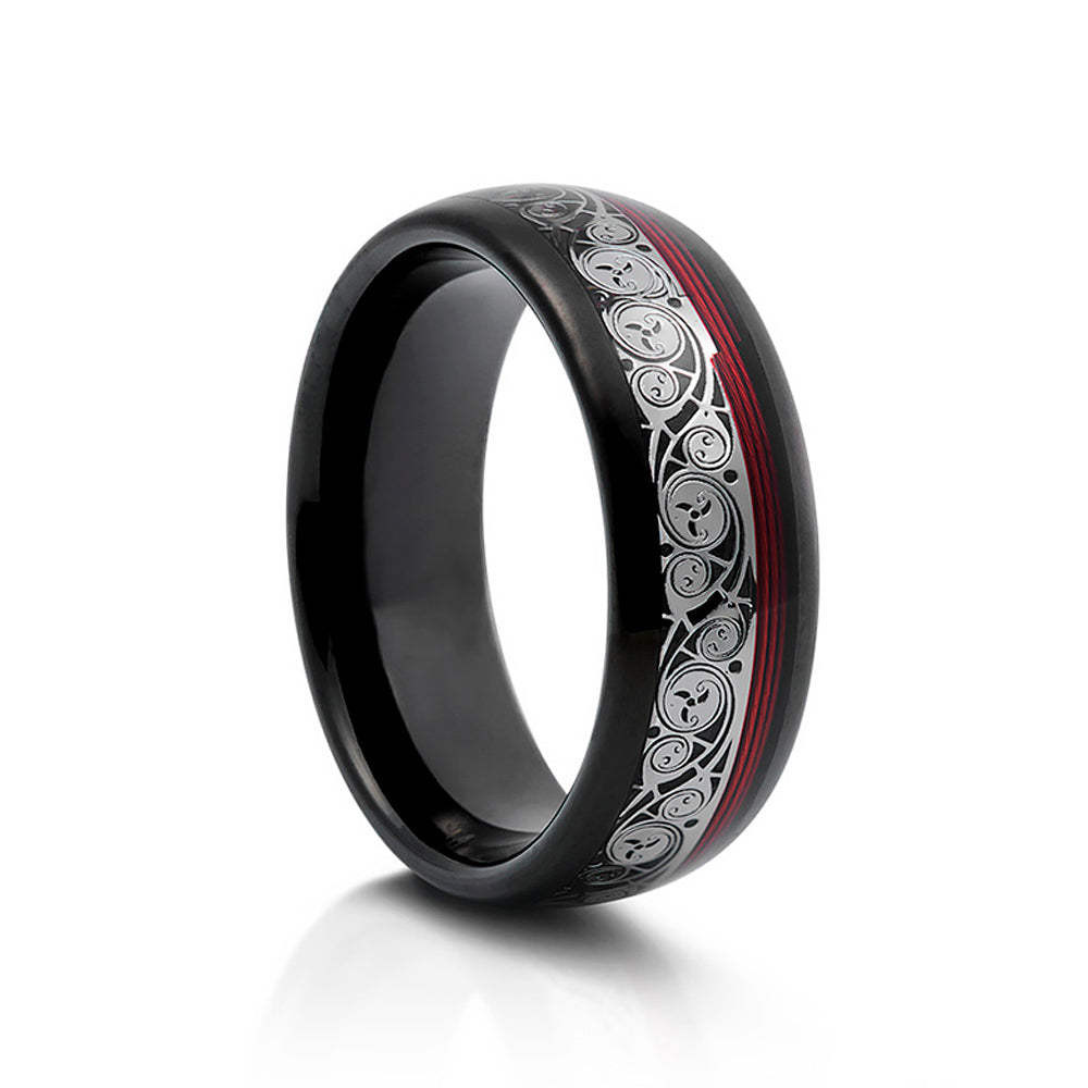 Black Watch Inlay and Red Guitar String Tungsten Mens Wedding Ring - Victoria's Jewellery