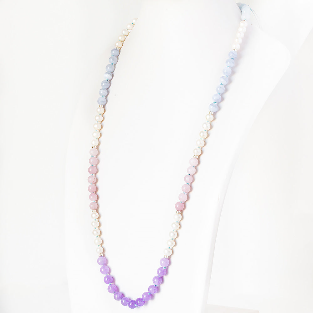Pearl, Blue Lace and Amethyst Bead Necklace