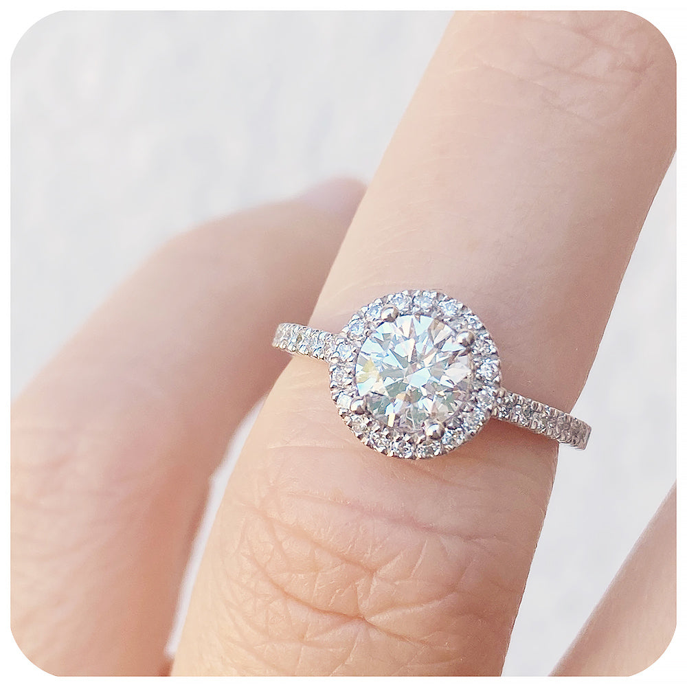 Brilliant round cut Moissanite Halo Engagement Wedding Ring - Victoria's Jewellery