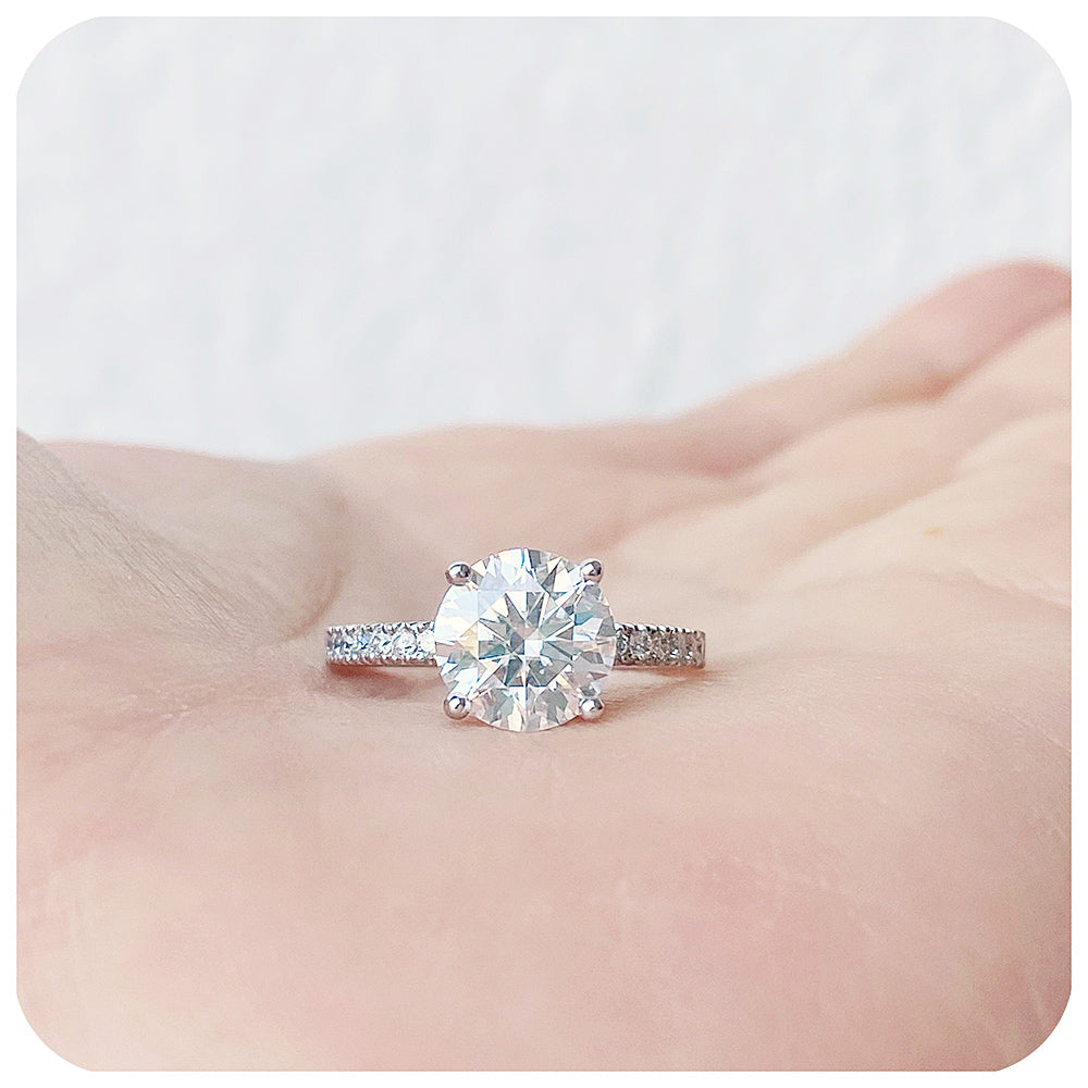 brilliant round cut moissanite engagement ring with moissanite accent stones - Victoria's Jewellery