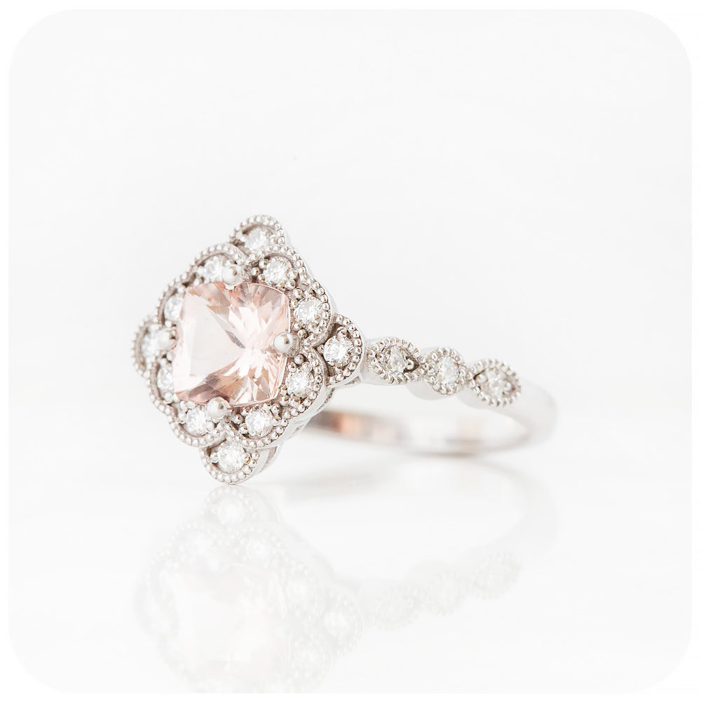 Cushion cut Morganite and Diamond Halo Engagement Ring - Victoria's Jewellery
