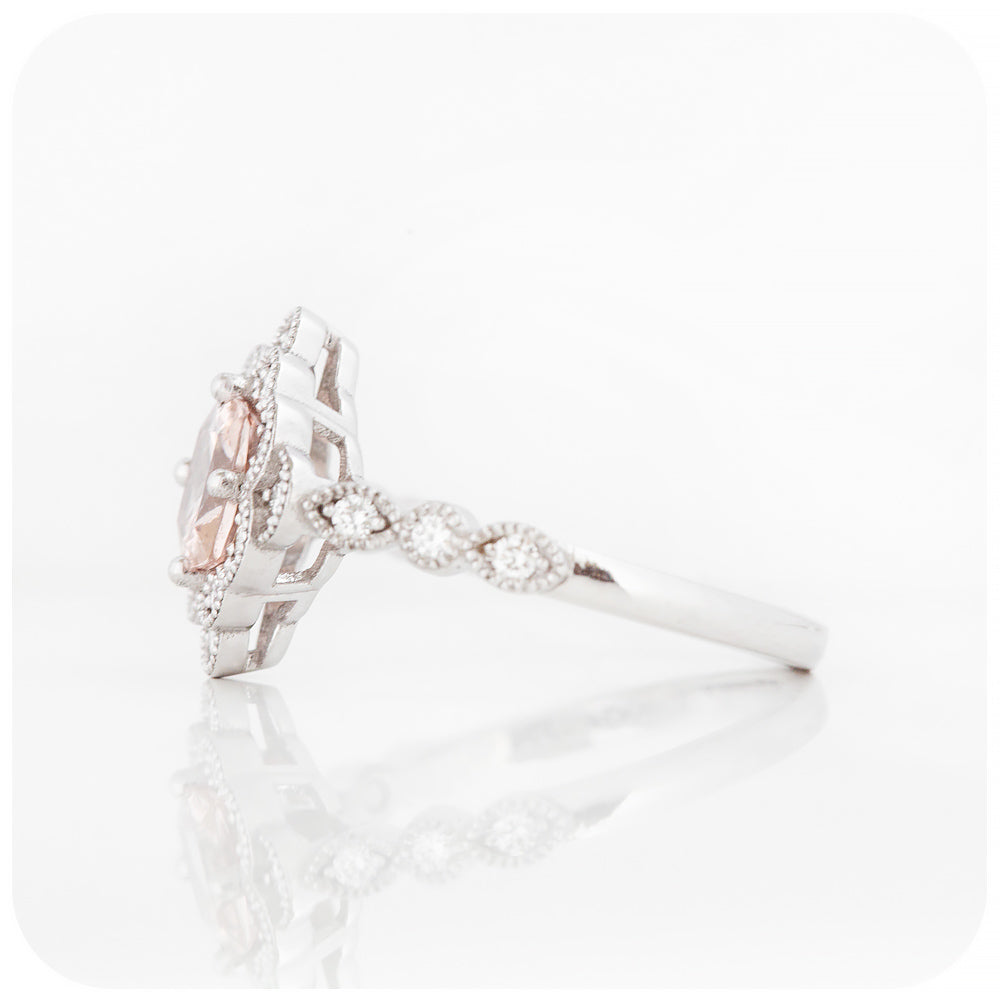 Cushion cut Morganite and Diamond Halo Engagement Ring - Victoria's Jewellery