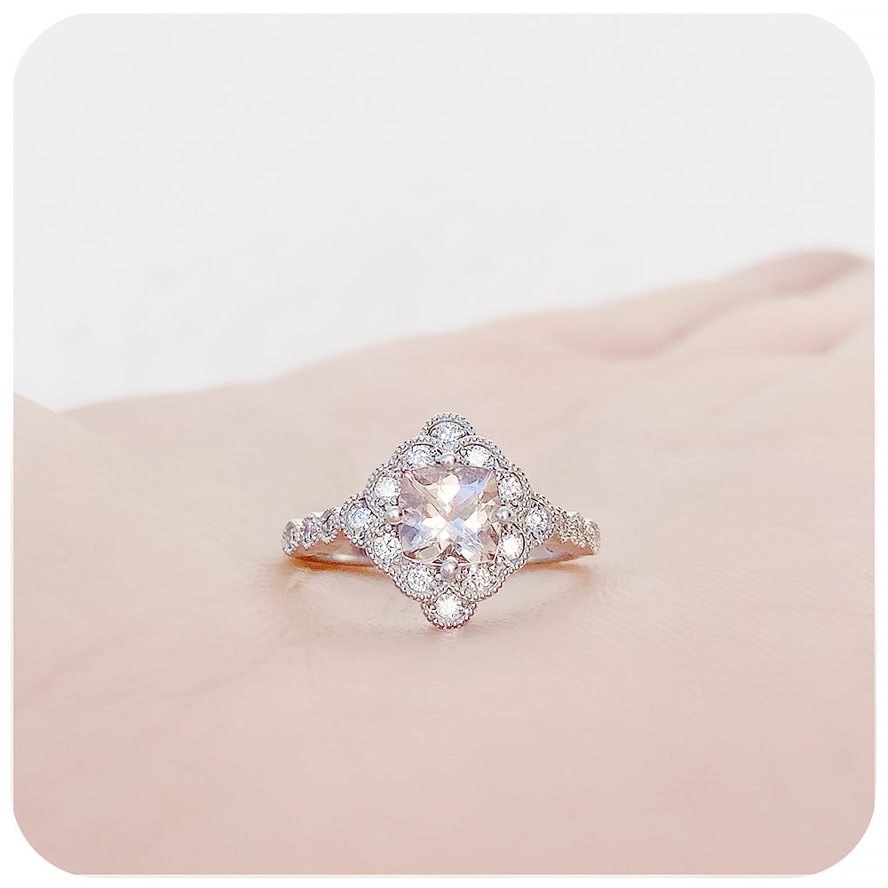 Cushion cut Morganite and Diamond Halo Engagement Ring - Victoria's Jewellery