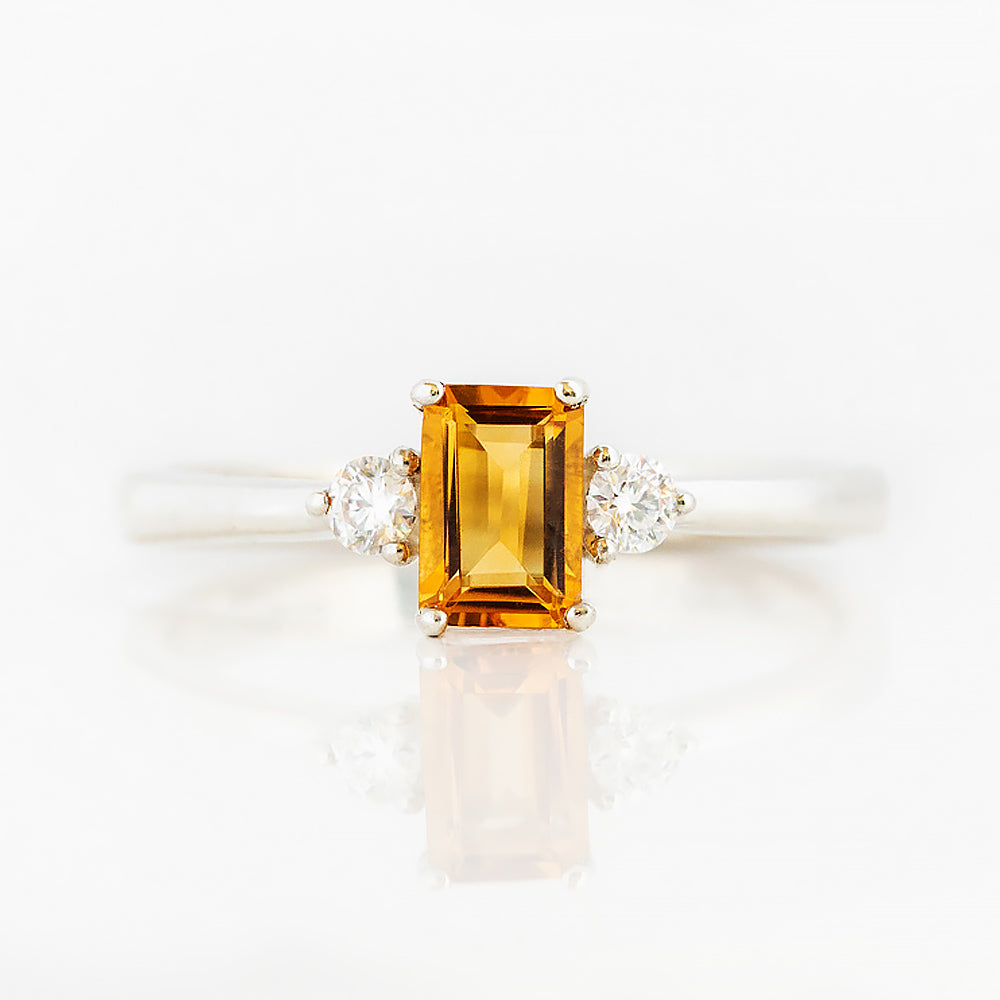 Emerald cut Citrine and Lab Diamond trilogy engagement ring - Victoria's Jewellery