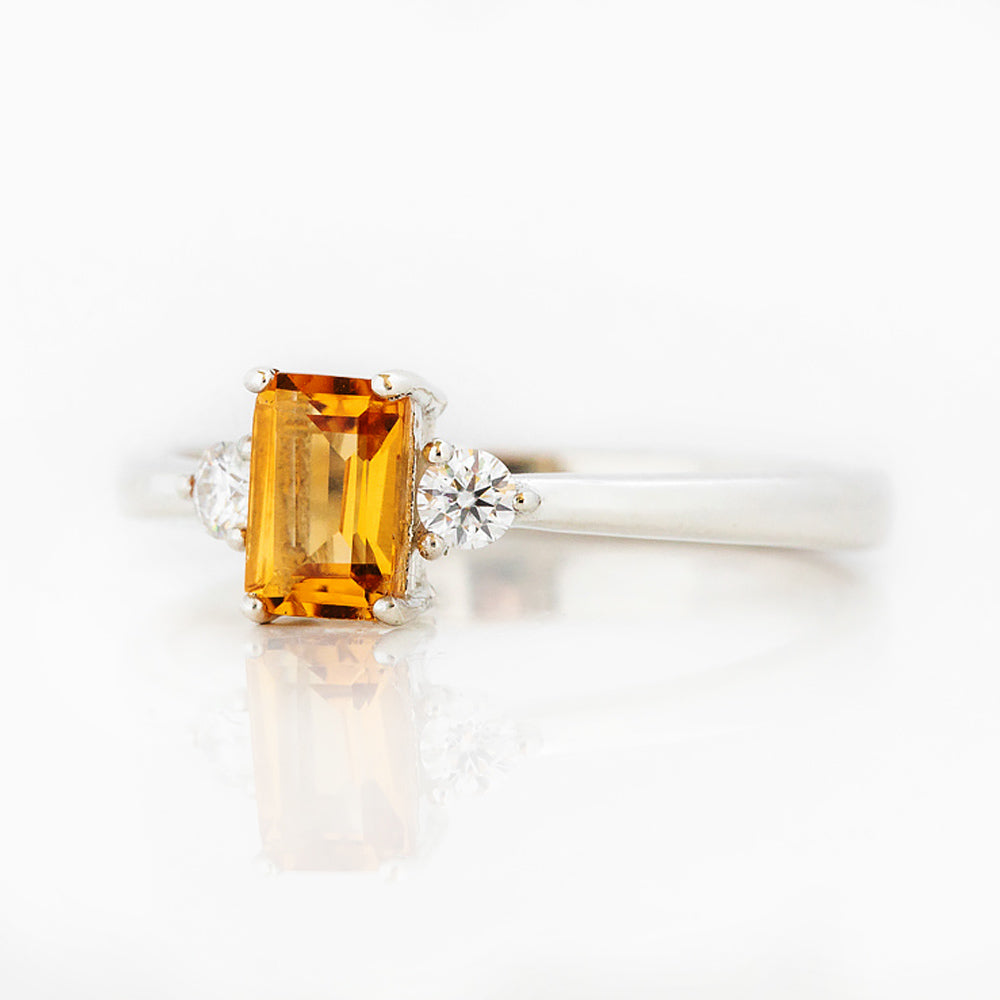 Emerald cut Citrine and Lab Diamond trilogy engagement ring - Victoria's Jewellery