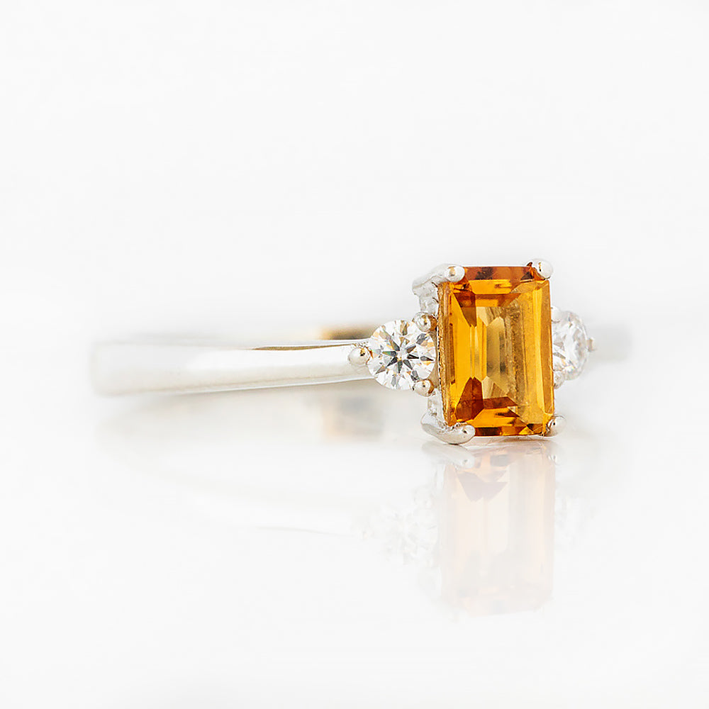 Emerald cut Citrine and Lab Diamond trilogy engagement ring - Victoria's Jewellery