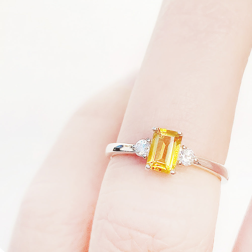 Emerald cut Citrine and Lab Diamond trilogy engagement ring - Victoria's Jewellery