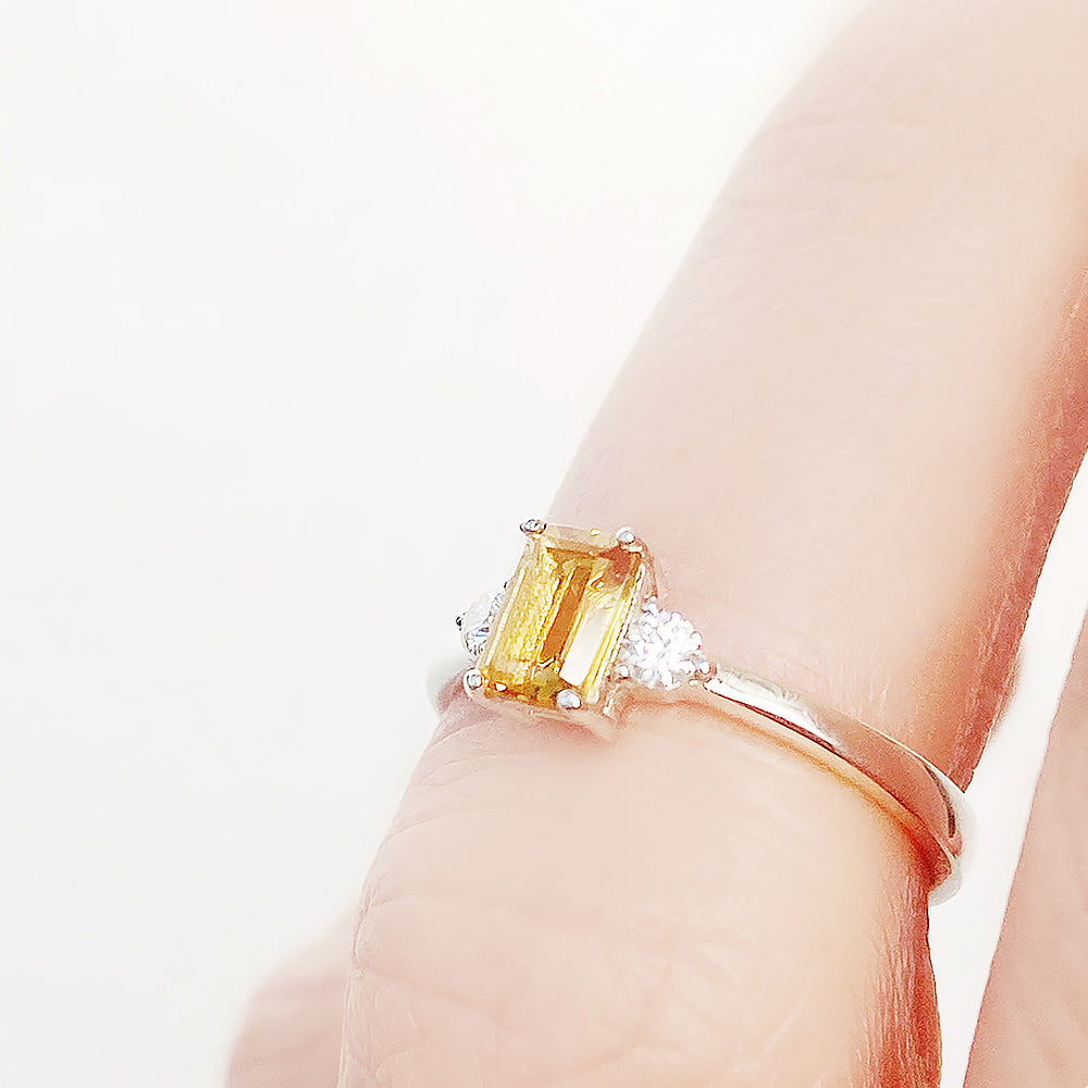 Emerald cut Citrine and Lab Diamond trilogy engagement ring - Victoria's Jewellery