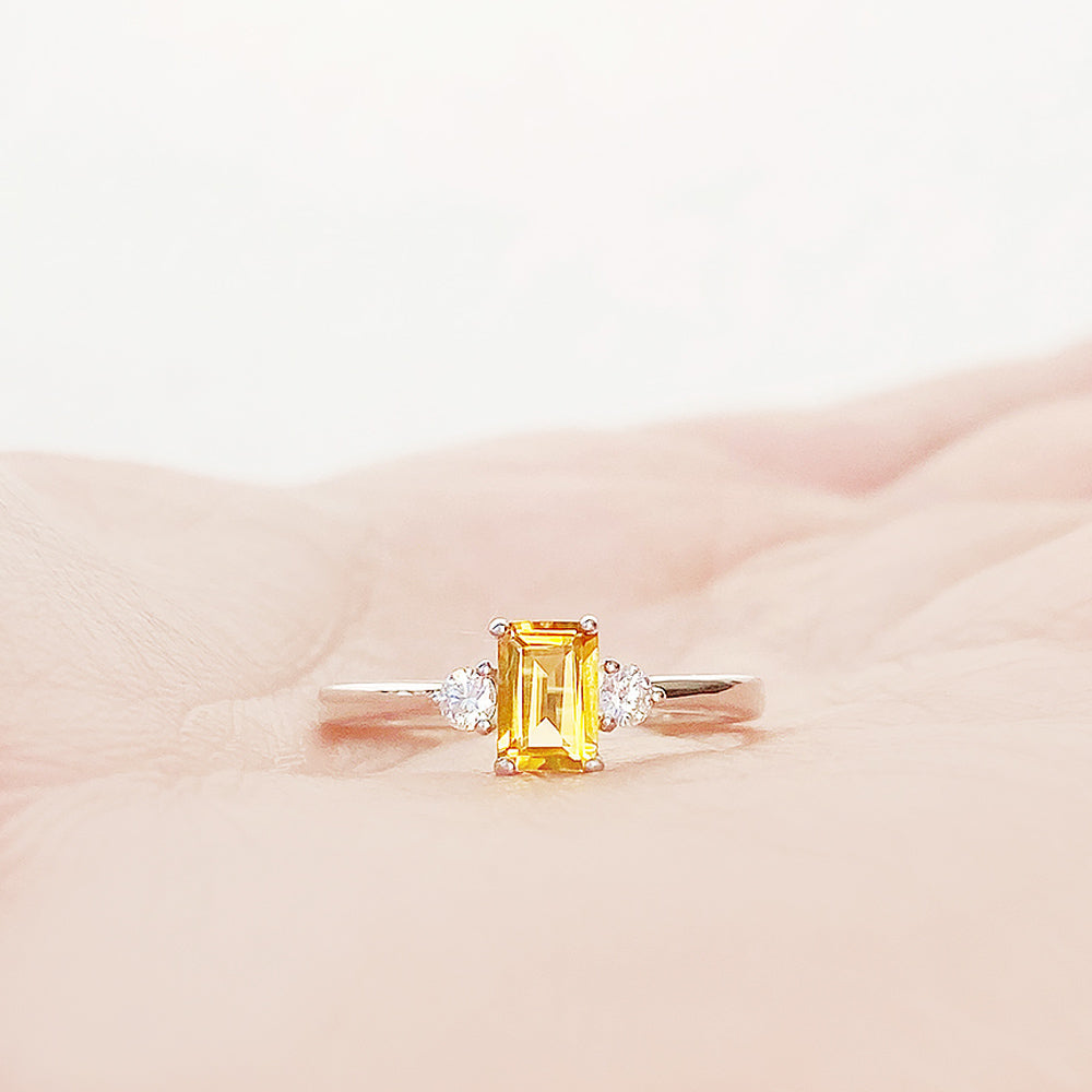 Emerald cut Citrine and Lab Diamond trilogy engagement ring - Victoria's Jewellery