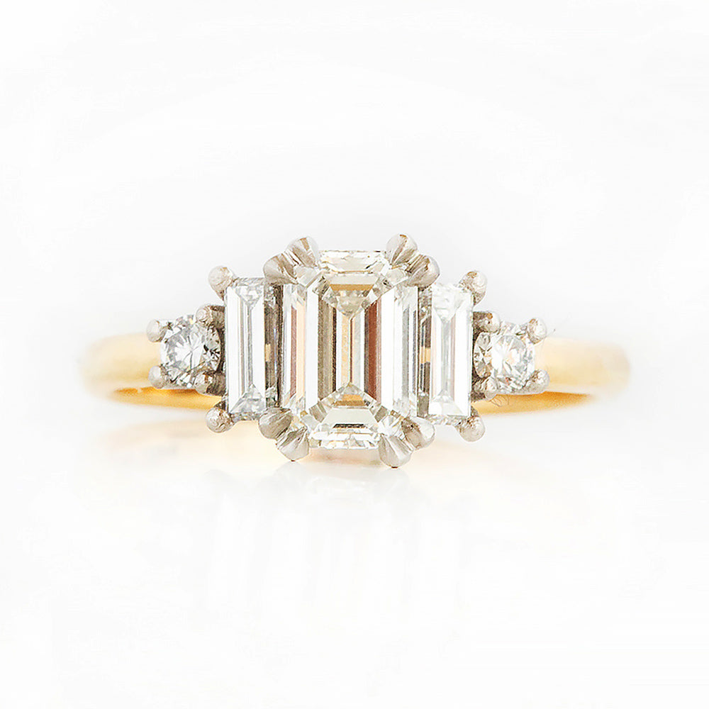 Vintage style Emerald cut Lab Diamond half eternity Engagement Ring in Yellow Gold and Platinum - Victoria's Jewellery