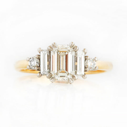 Vintage style Emerald cut Lab Diamond half eternity Engagement Ring in Yellow Gold and Platinum - Victoria's Jewellery