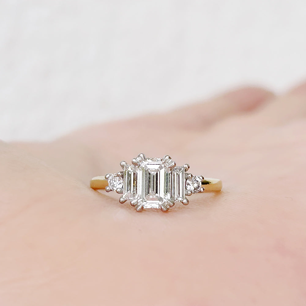 Vintage style Emerald cut Lab Diamond half eternity Engagement Ring in Yellow Gold and Platinum - Victoria's Jewellery