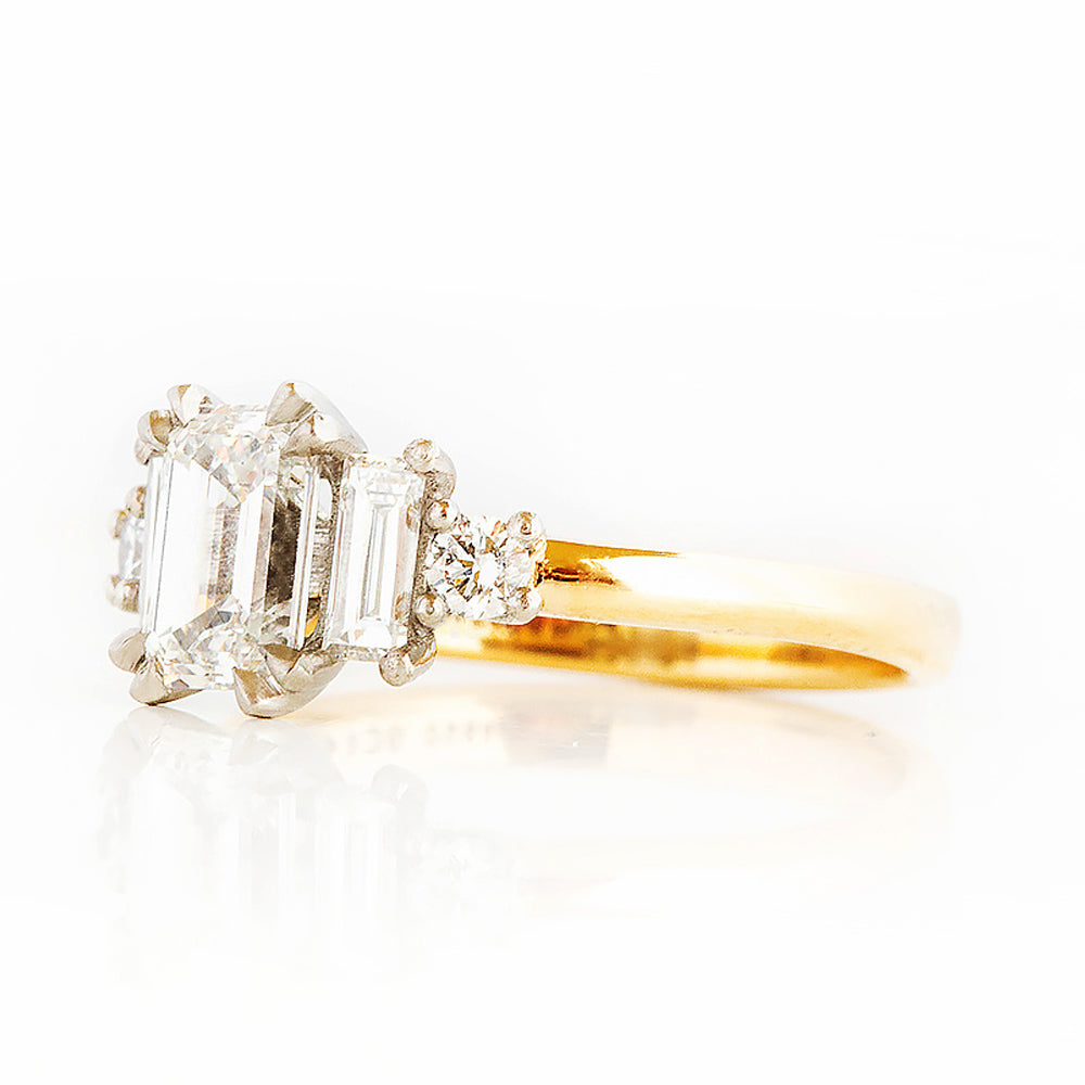 Vintage style Emerald cut Lab Diamond half eternity Engagement Ring in Yellow Gold and Platinum - Victoria's Jewellery