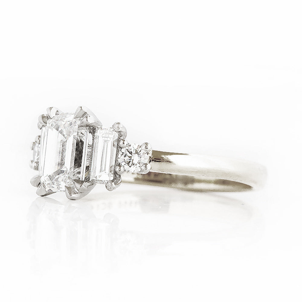 Vintage style Emerald cut Lab Diamond half eternity Engagement Ring in White Gold and Platinum - Victoria's Jewellery