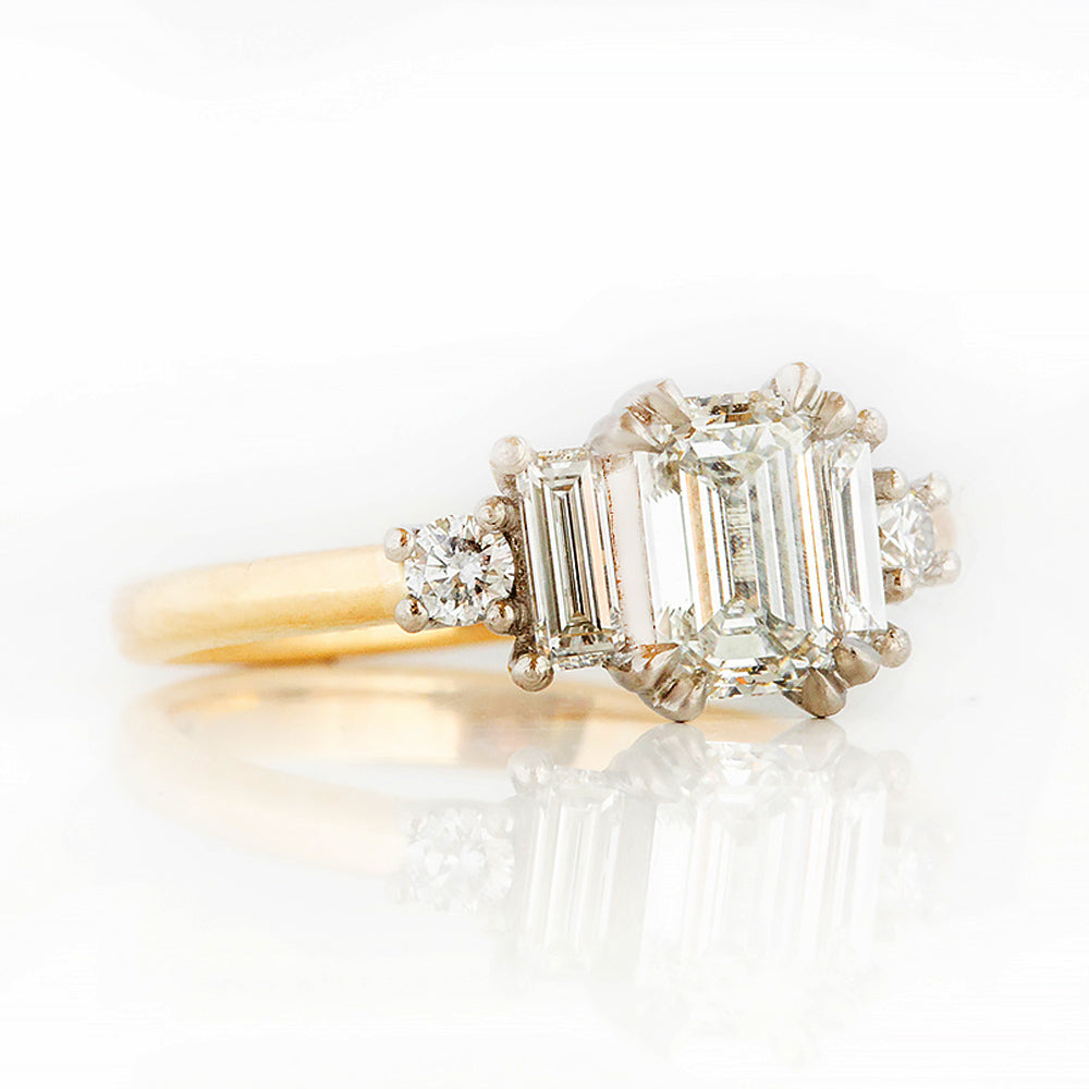 Vintage style Emerald cut Lab Diamond half eternity Engagement Ring in Yellow Gold and Platinum - Victoria's Jewellery
