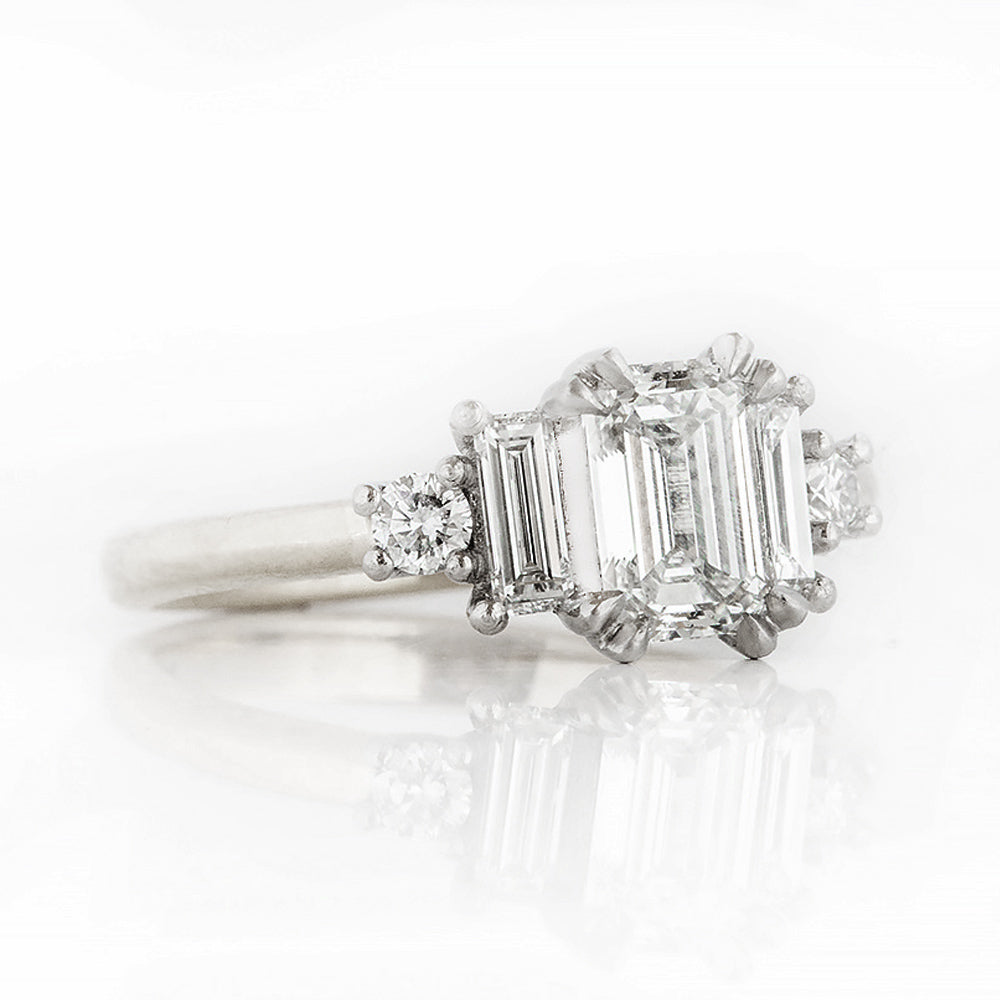 Vintage style Emerald cut Lab Diamond half eternity Engagement Ring in White Gold and Platinum - Victoria's Jewellery