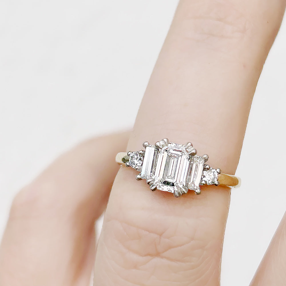 Vintage style Emerald cut Lab Diamond half eternity Engagement Ring in Yellow Gold and Platinum - Victoria's Jewellery