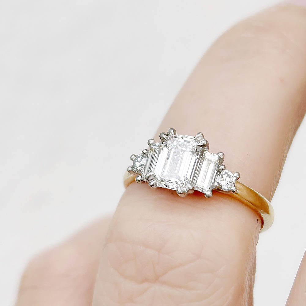Vintage style Emerald cut Lab Diamond half eternity Engagement Ring in Yellow Gold and Platinum - Victoria's Jewellery