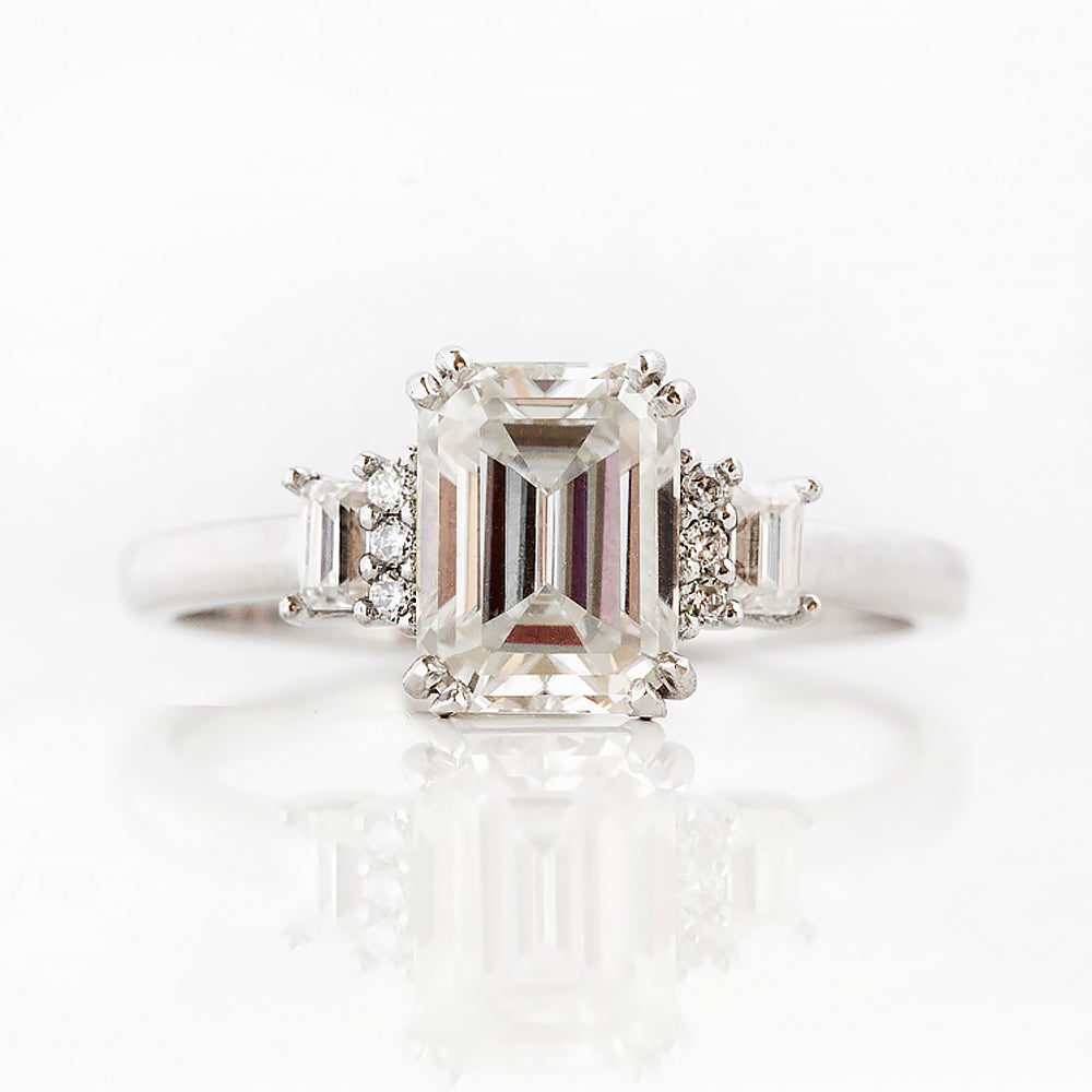 Vintage style Emerald cut Lab Grown Diamond Engagement Ring in White Gold - Victoria's Jewellery