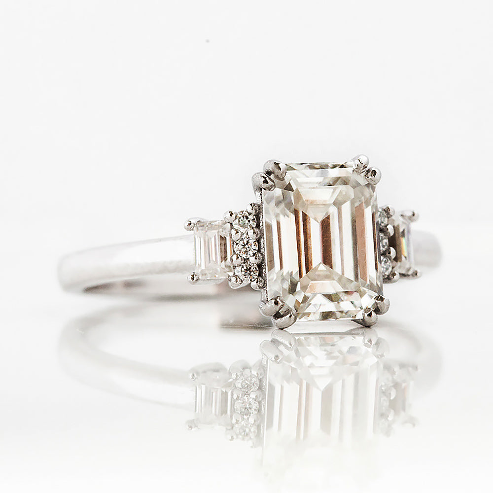 Vintage style Emerald cut Lab Grown Diamond Engagement Ring in White Gold - Victoria's Jewellery