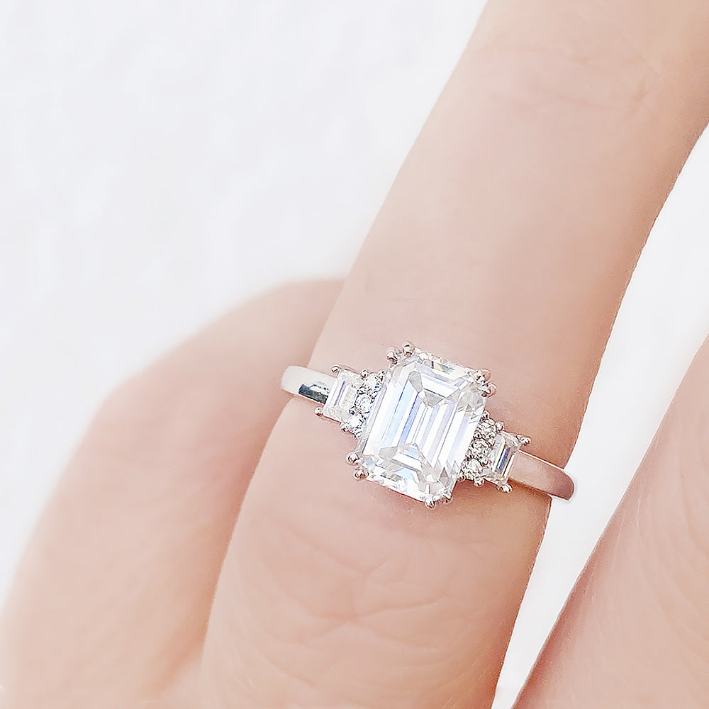 Vintage style Emerald cut Lab Grown Diamond Engagement Ring in White Gold - Victoria's Jewellery