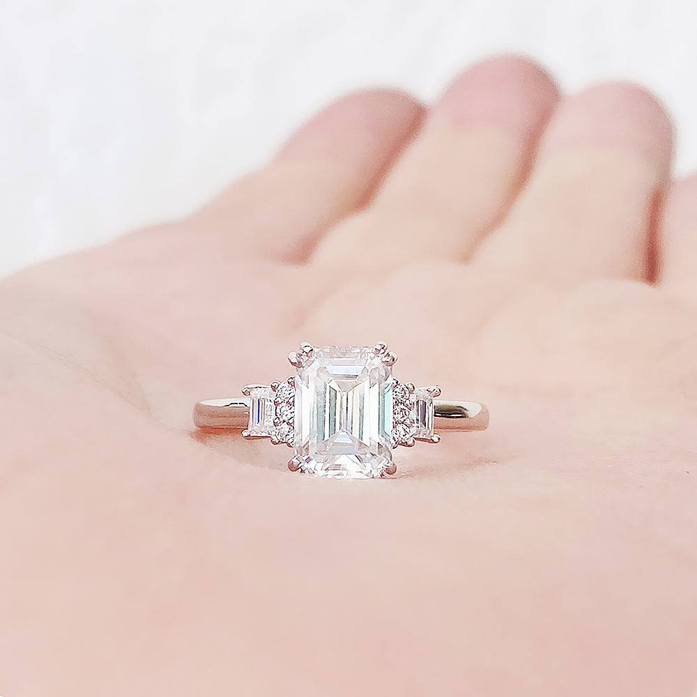 Vintage style Emerald cut Lab Grown Diamond Engagement Ring in White Gold - Victoria's Jewellery