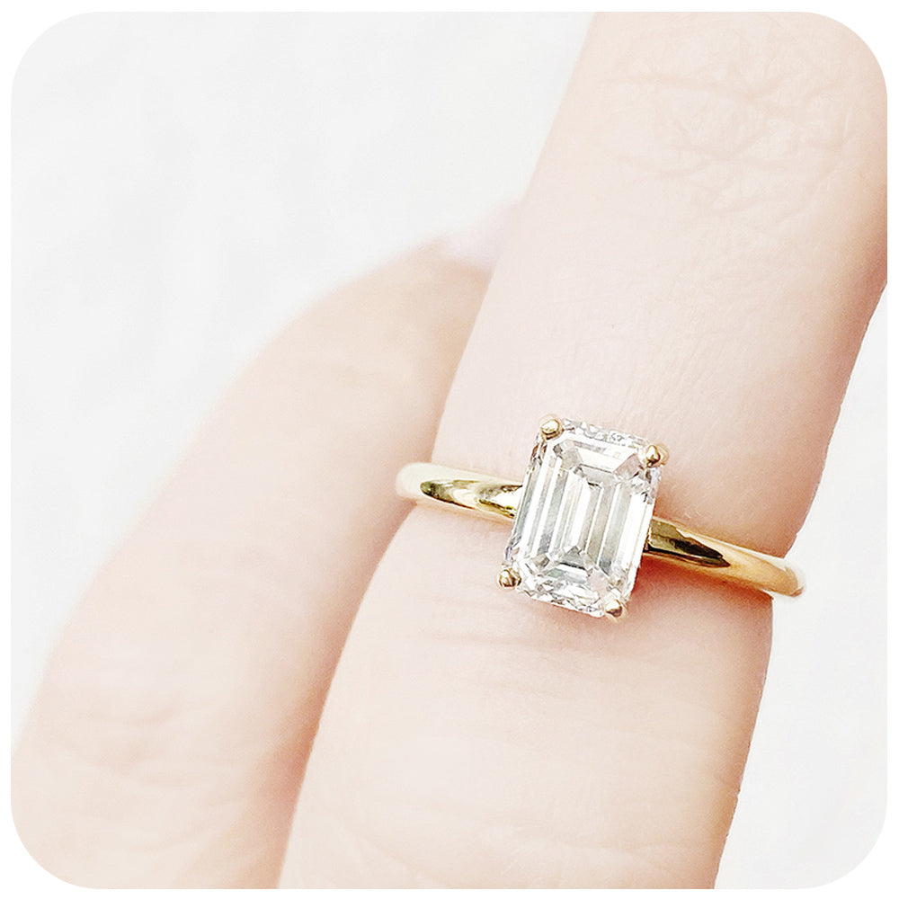Emerald cut Lab Diamond Solitaire Engagement Ring in Yellow Gold - Victoria's Jewellery