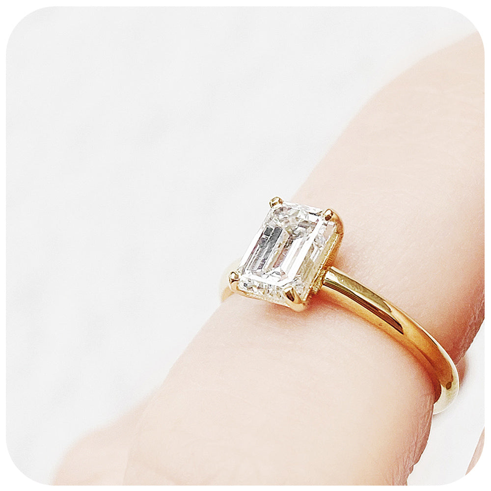 Emerald cut Lab Diamond Solitaire Engagement Ring in Yellow Gold - Victoria's Jewellery