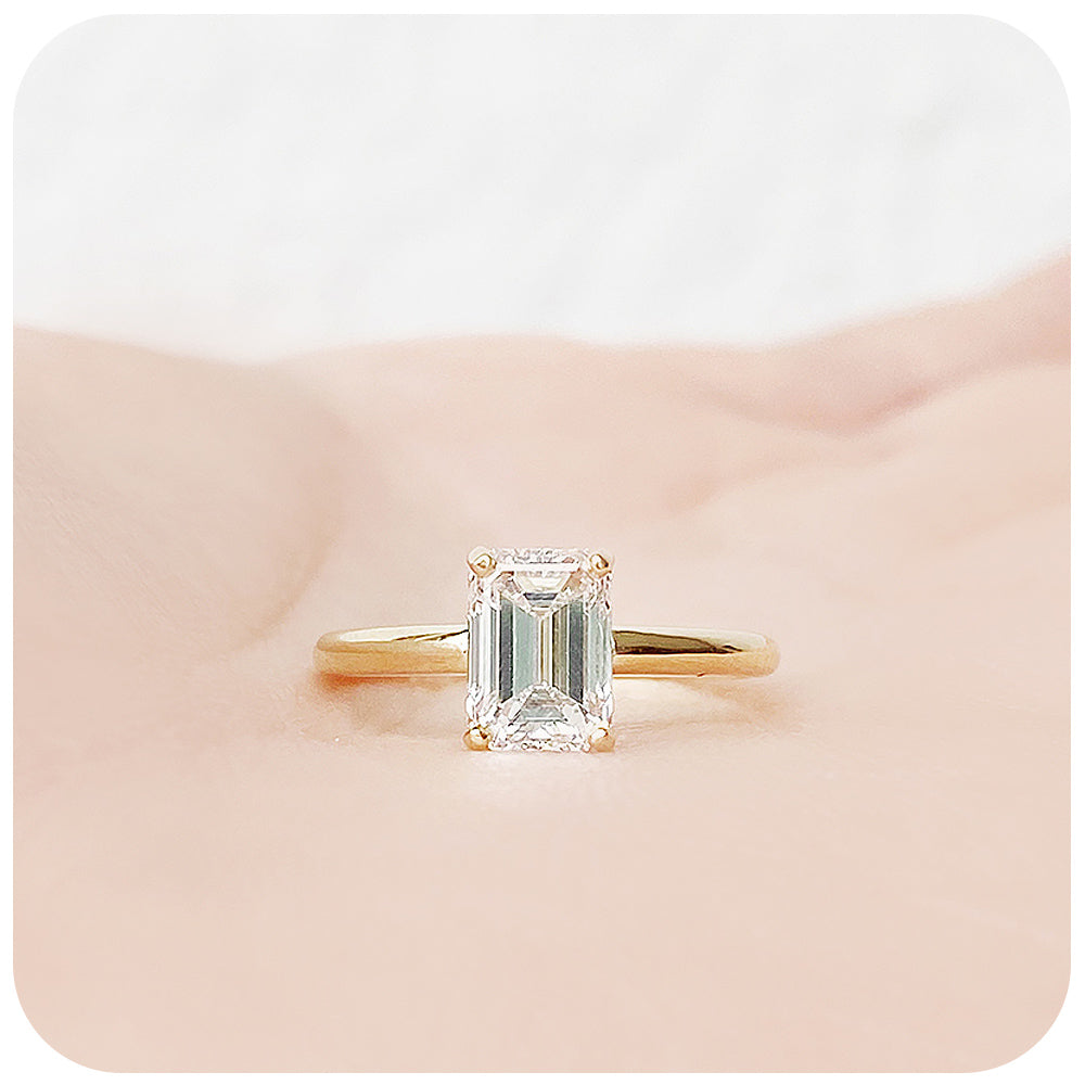 Emerald cut Lab Diamond Solitaire Engagement Ring in Yellow Gold - Victoria's Jewellery