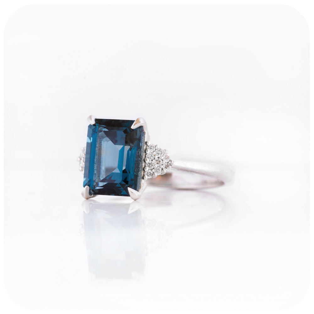 Octagonal cut London Blue Topaz and Diamond cluster Engagement Ring - Victoria's Jewellery