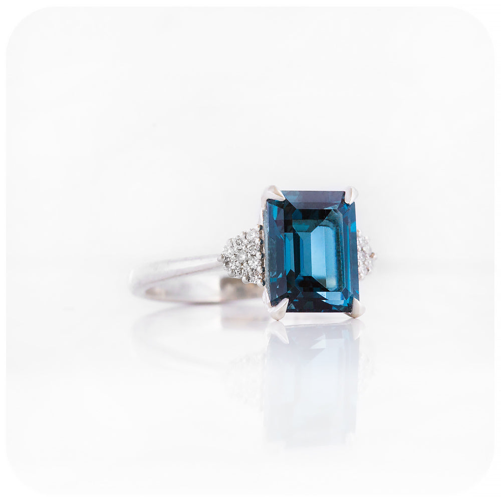 Octagonal cut London Blue Topaz and Diamond cluster Engagement Ring - Victoria's Jewellery