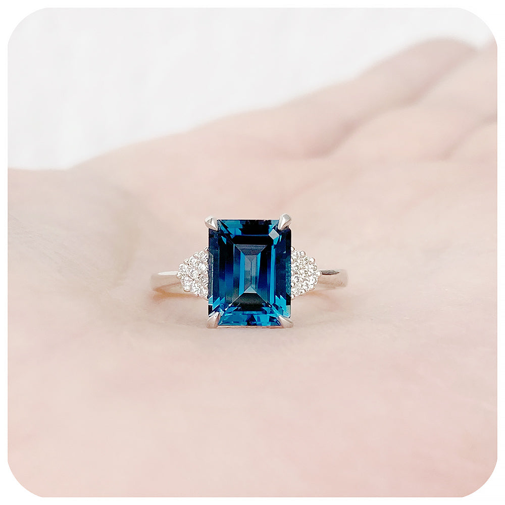 Octagonal cut London Blue Topaz and Diamond cluster Engagement Ring - Victoria's Jewellery