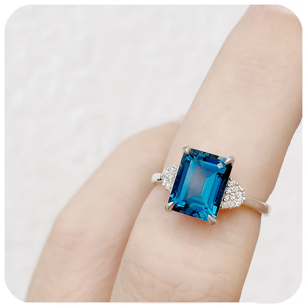 Octagonal cut London Blue Topaz and Diamond cluster Engagement Ring - Victoria's Jewellery
