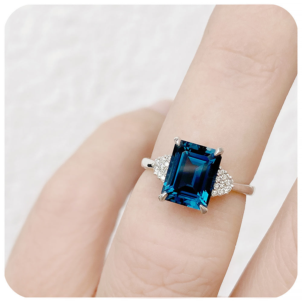 Octagonal cut London Blue Topaz and Diamond cluster Engagement Ring - Victoria's Jewellery
