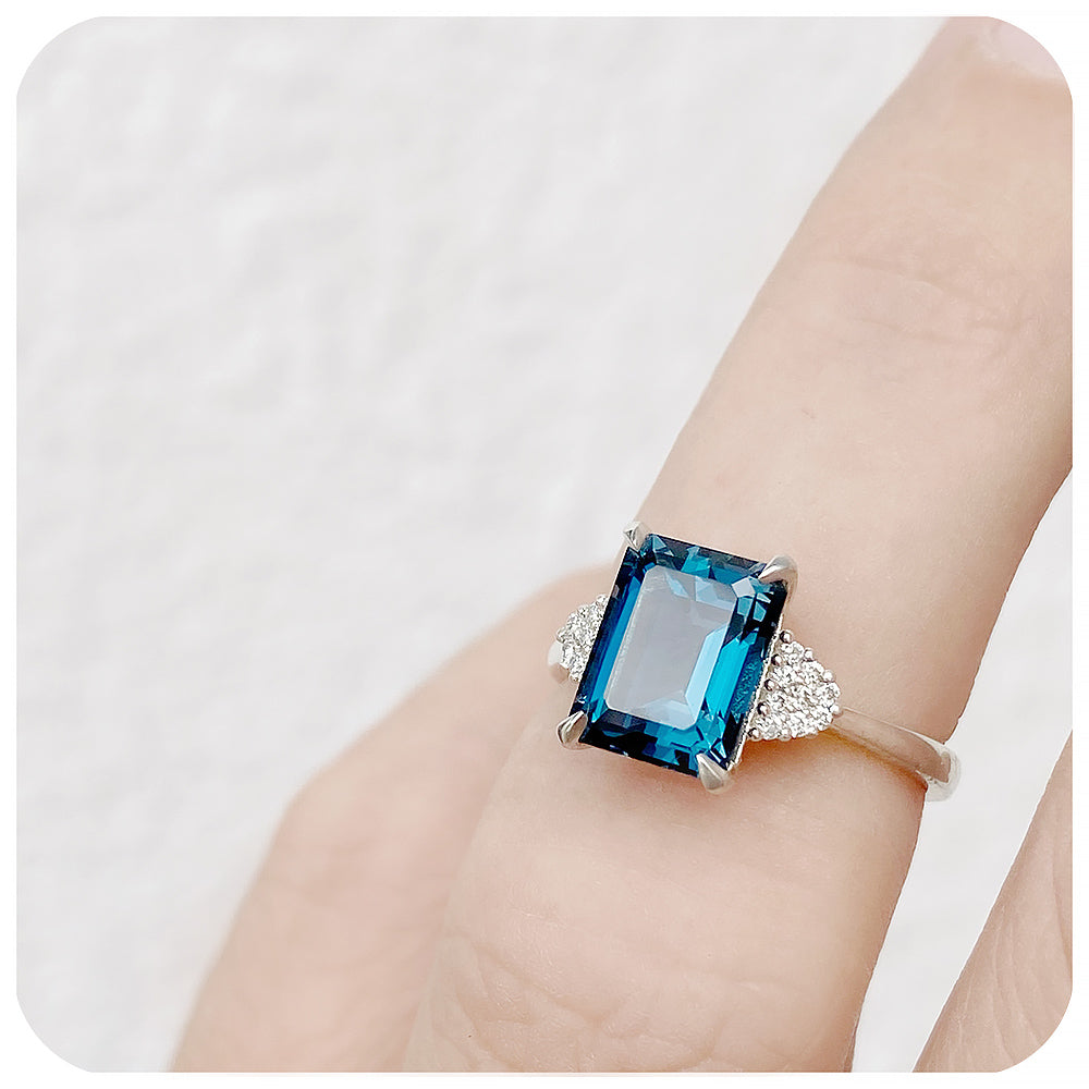 Octagonal cut London Blue Topaz and Diamond cluster Engagement Ring - Victoria's Jewellery