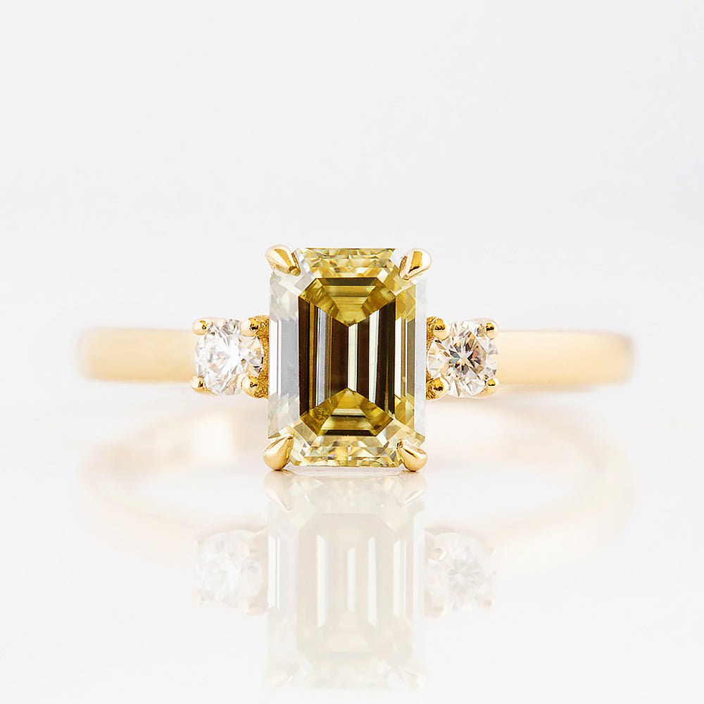 Emerald cut Yellow Lab Diamond trilogy Engagement Ring in Yellow Gold - Victoria's Jewellery