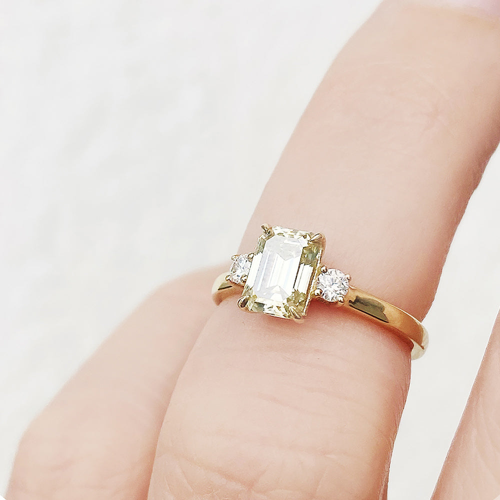 Emerald cut Yellow Lab Diamond trilogy Engagement Ring in Yellow Gold - Victoria's Jewellery