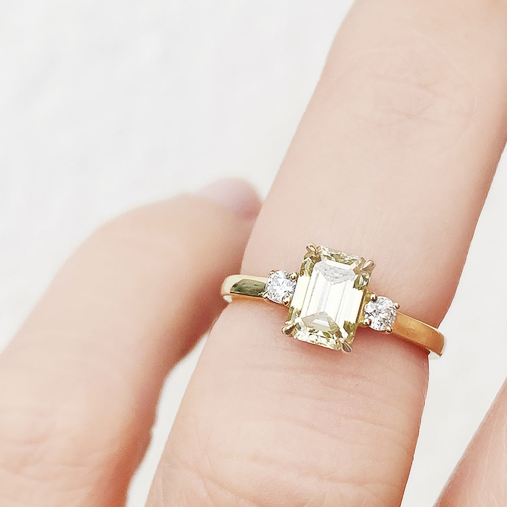 Emerald cut Yellow Lab Diamond trilogy Engagement Ring in Yellow Gold - Victoria's Jewellery