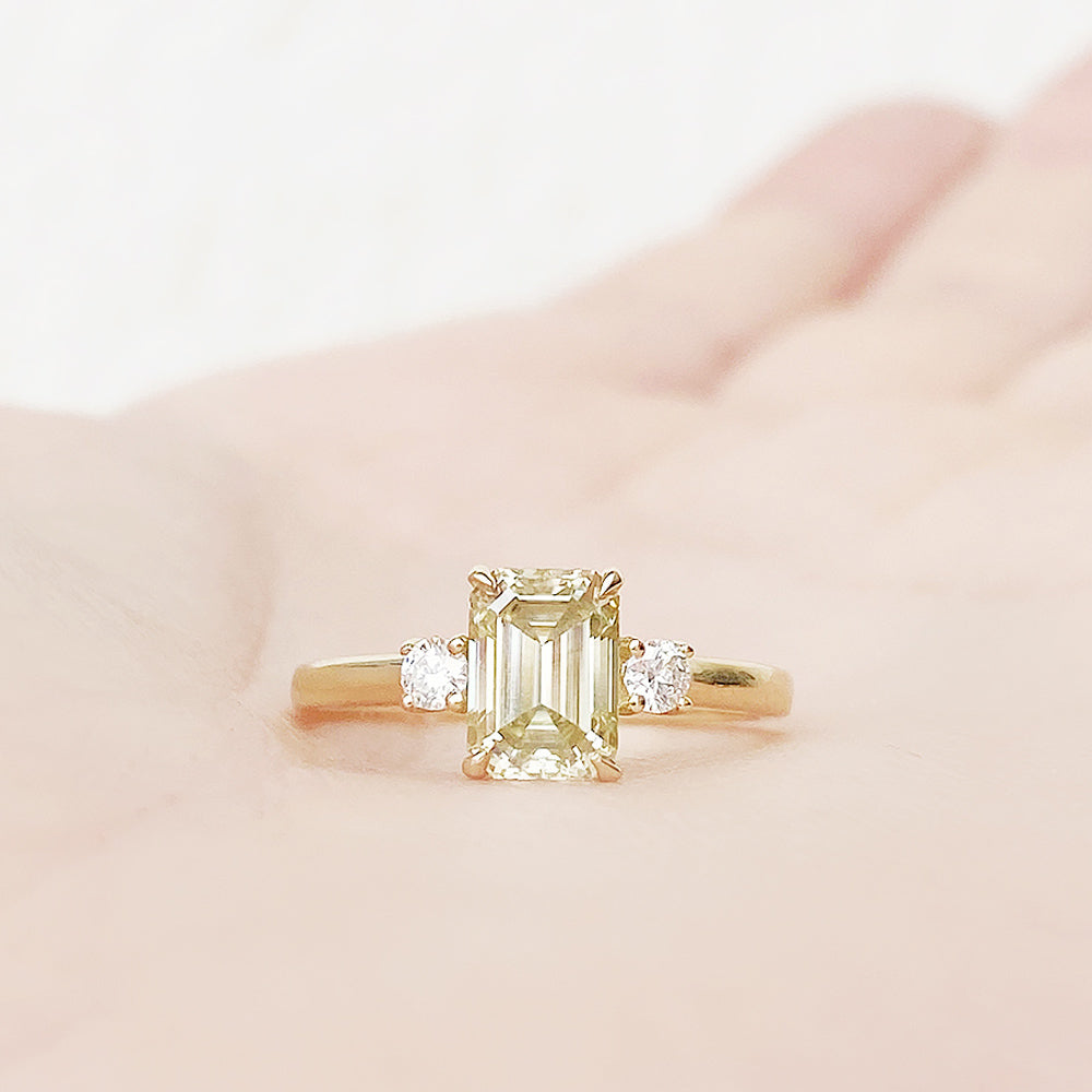 Emerald cut Yellow Lab Diamond trilogy Engagement Ring in Yellow Gold - Victoria's Jewellery