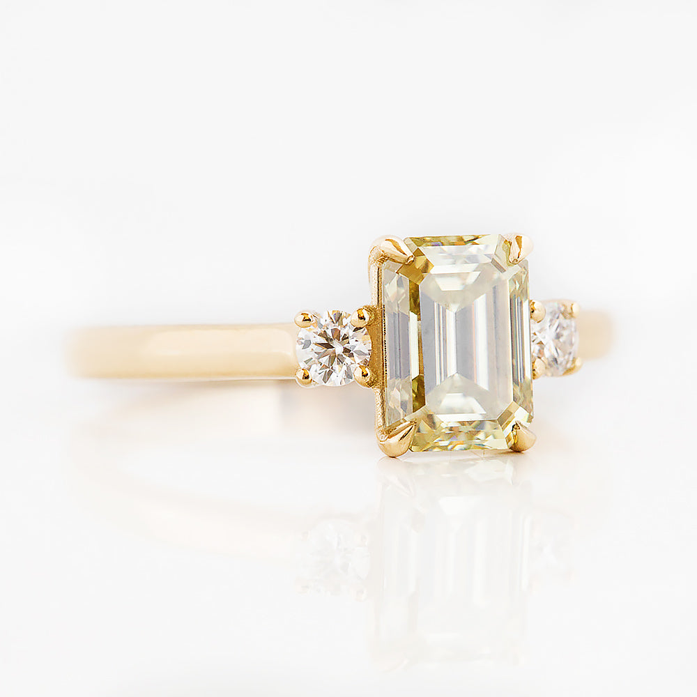 Emerald cut Yellow Lab Diamond trilogy Engagement Ring in Yellow Gold - Victoria's Jewellery