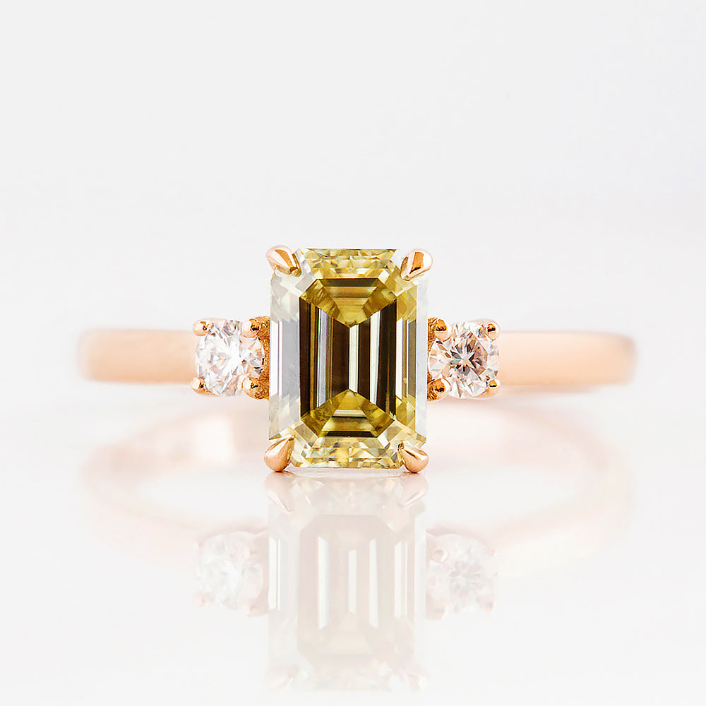 Emerald cut Yellow Lab Diamond trilogy Engagement Ring in Rose Gold - Victoria's Jewellery