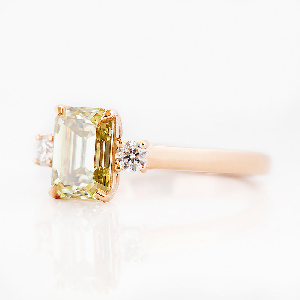 Emerald cut Yellow Lab Diamond trilogy Engagement Ring in Rose Gold - Victoria's Jewellery