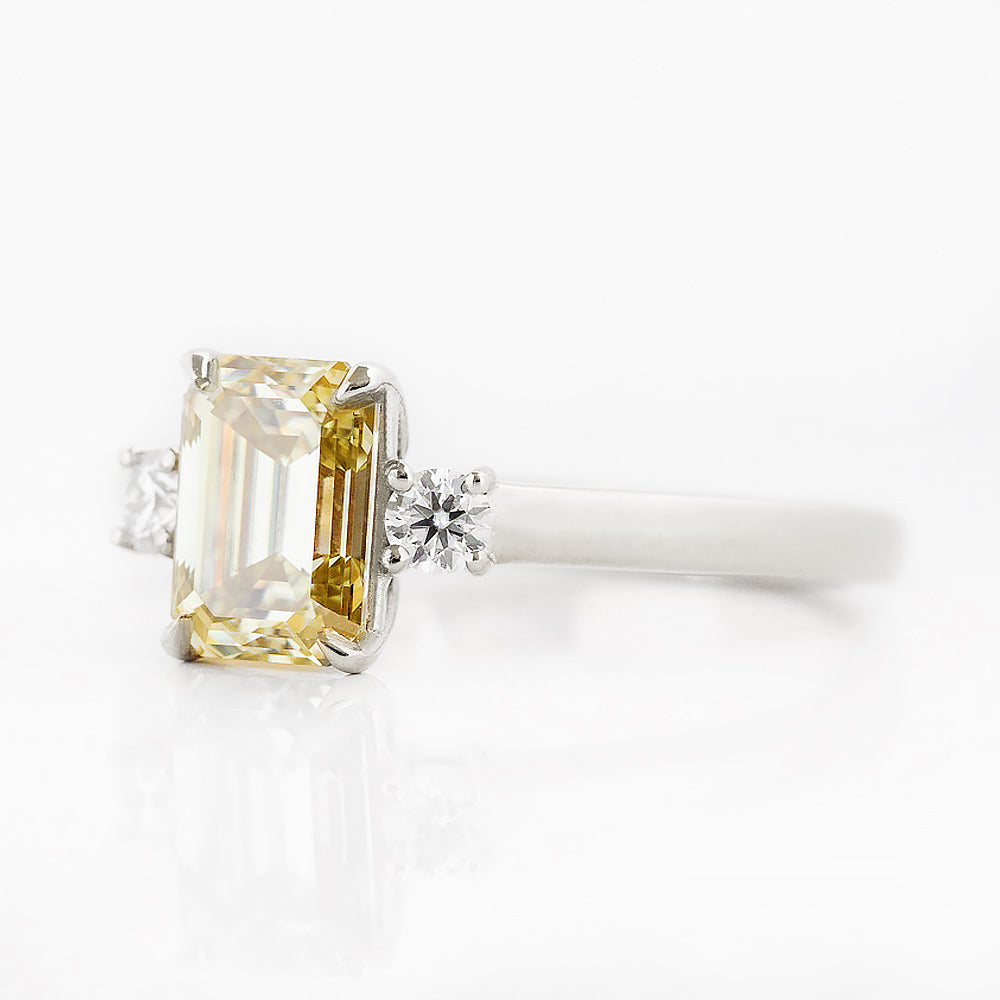 Emerald cut Yellow Lab Diamond trilogy Engagement Ring in White Gold - Victoria's Jewellery