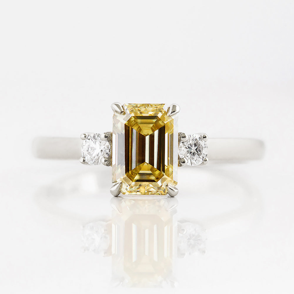 Emerald cut Yellow Lab Diamond trilogy Engagement Ring in White Gold - Victoria's Jewellery